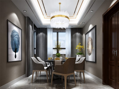 现代餐厅 餐桌 餐椅 餐边柜 吊灯 挂画-6